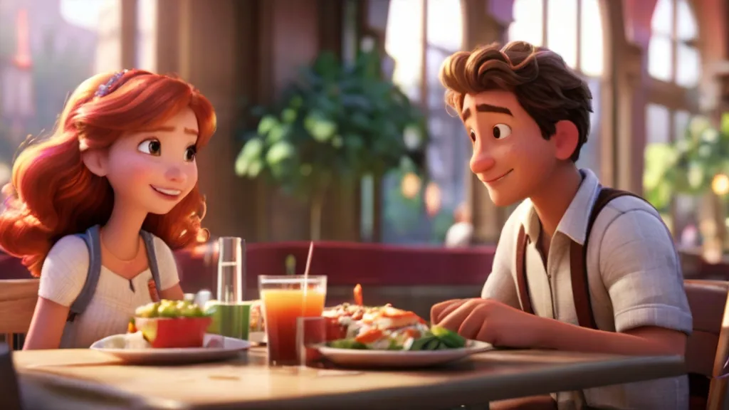 a handsome guy and a beautiful lady sitting at a table in front of a plate of food, and conversing