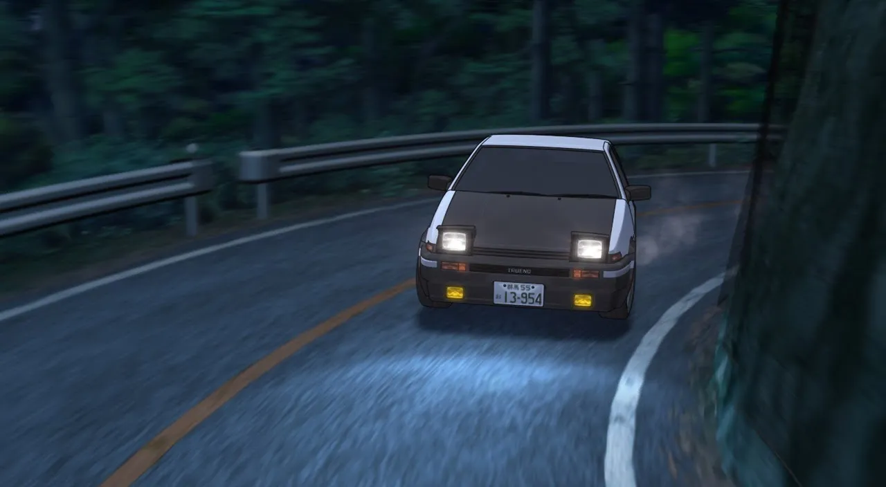 settings: Realistic style. Realtime. Night. Foreground: Car drifts on mountain road in the road curve on very high speed with smoke out of the wheels. Headlights on. Background: The beacons on the guardrails are flashing. Many trees along the edge of the road.