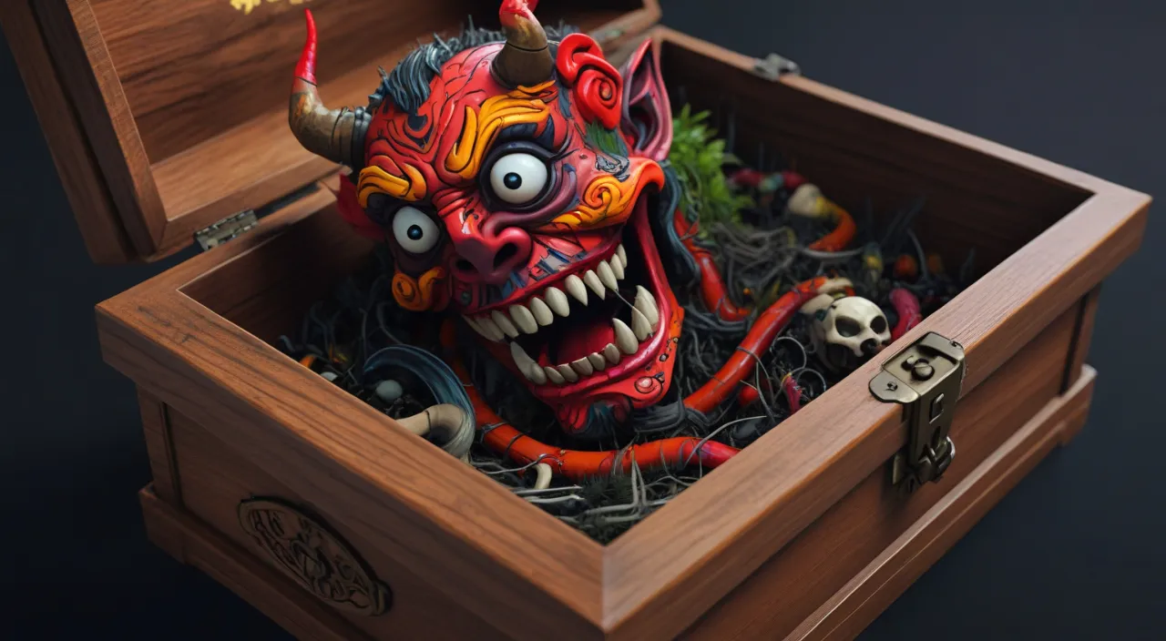 a wooden box with a demon head inside of it