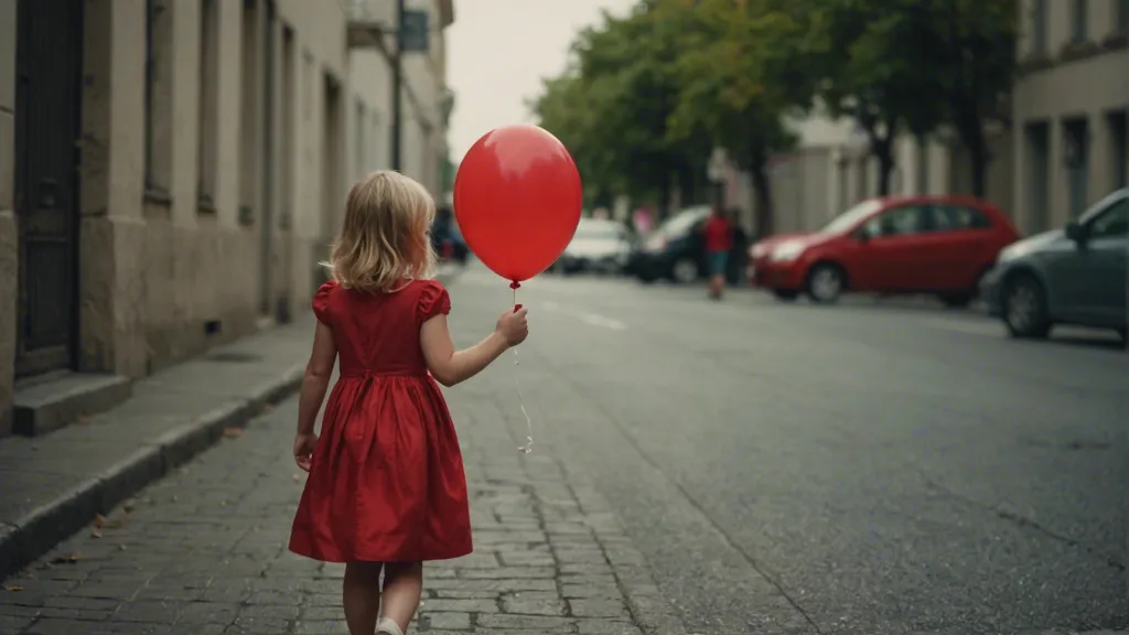 a little girl in a red dress walking down the street holding a red balloon