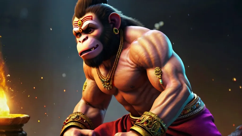 Create a god hanuman with a golden background, 8k, size of 1920x1080, colorful
