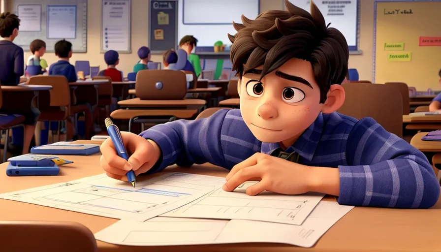 a boy sitting at a desk with a pen and paper in front of him