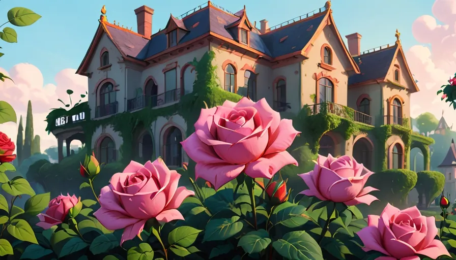 a painting of pink roses in front of a house