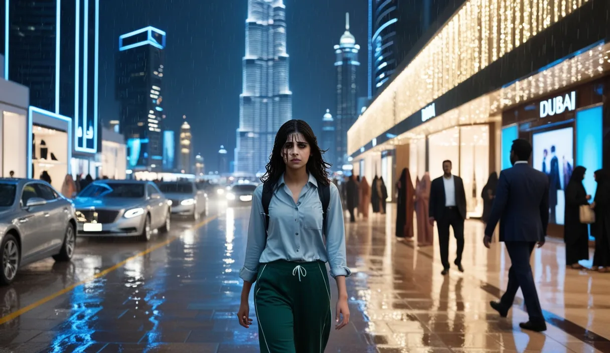 a woman walking down a street at night