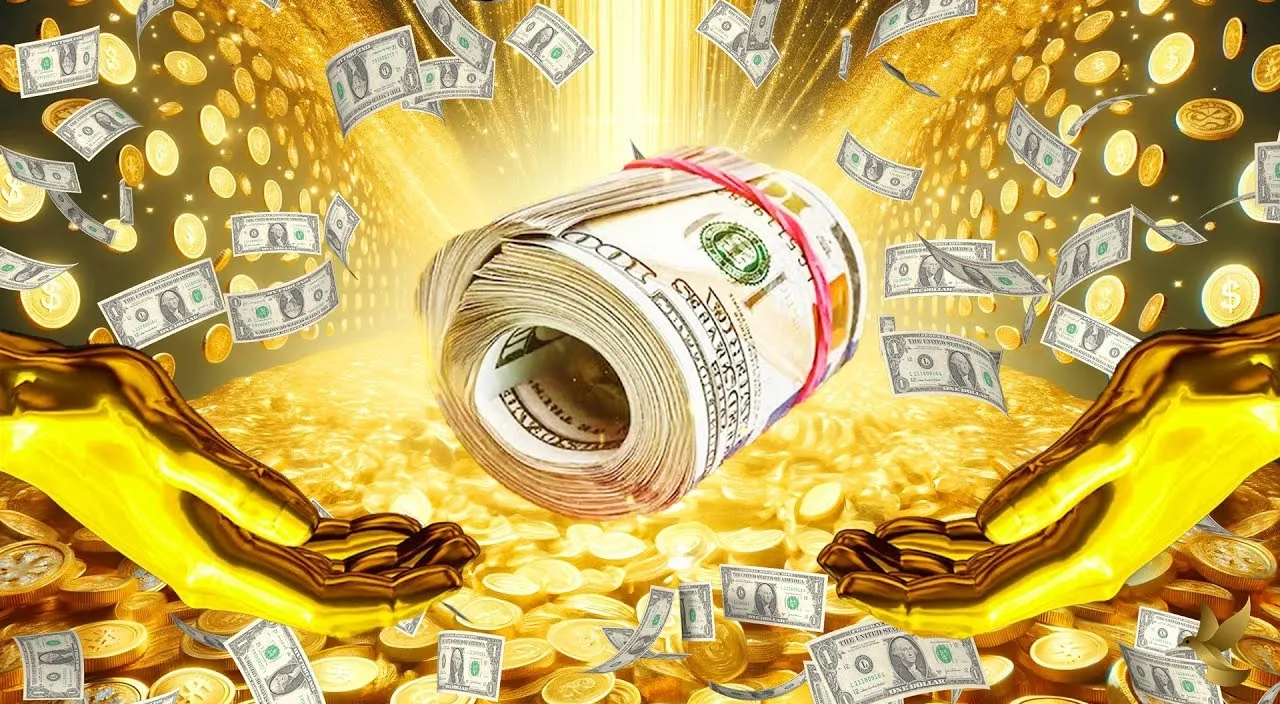 Create a coin bowl and behand pile of dollar cash with golden background, 8k, size of 1920x1080, colorful
