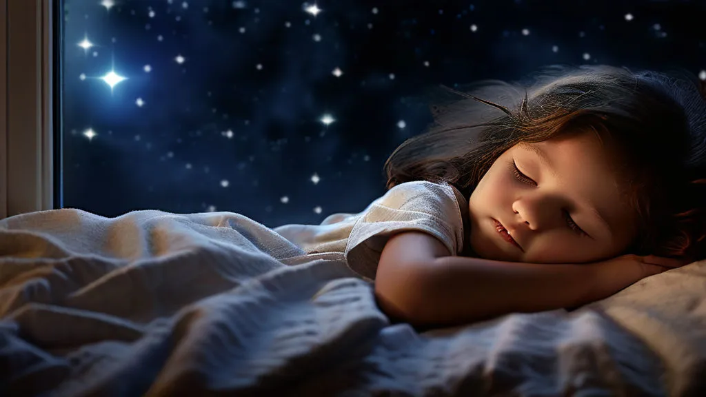 a little girl sleeping on a bed with a night sky background