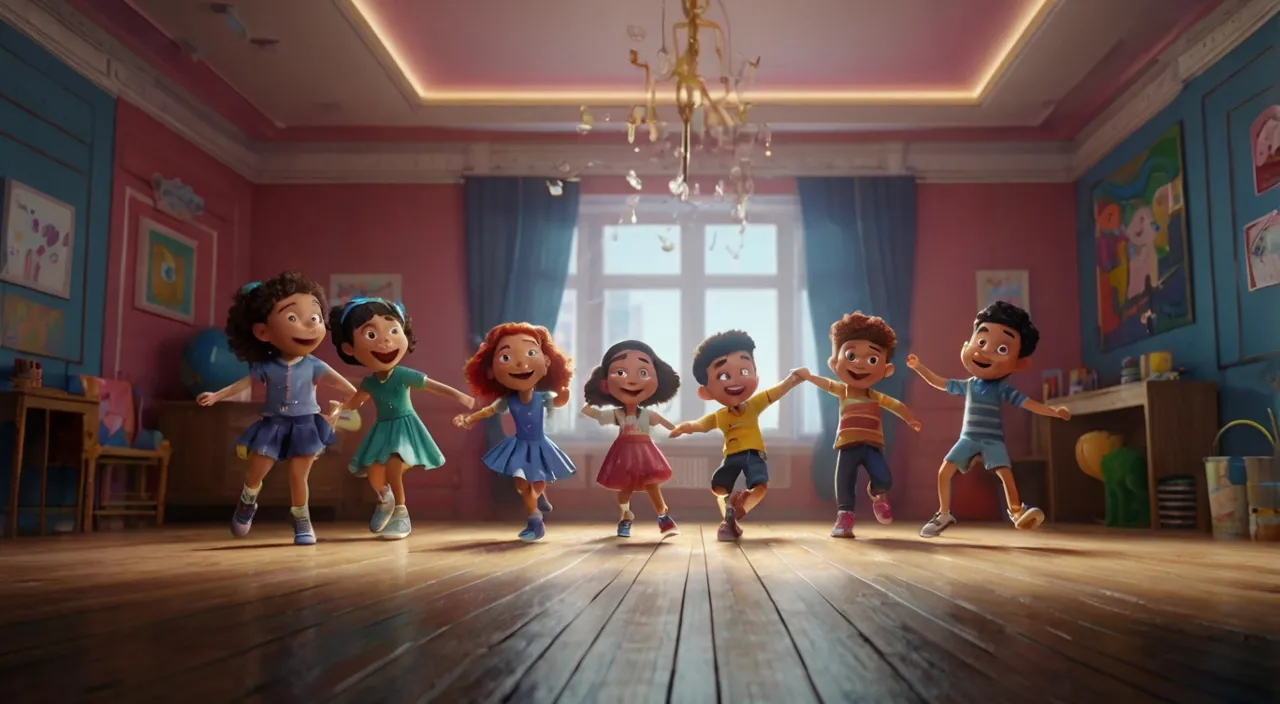 a group of children dancing in a room