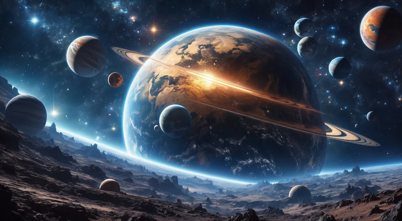 an artist's rendering of a solar system with planets in the background