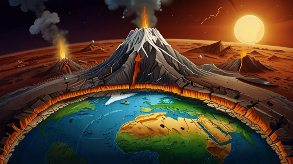 an illustration of a volcano on a planet