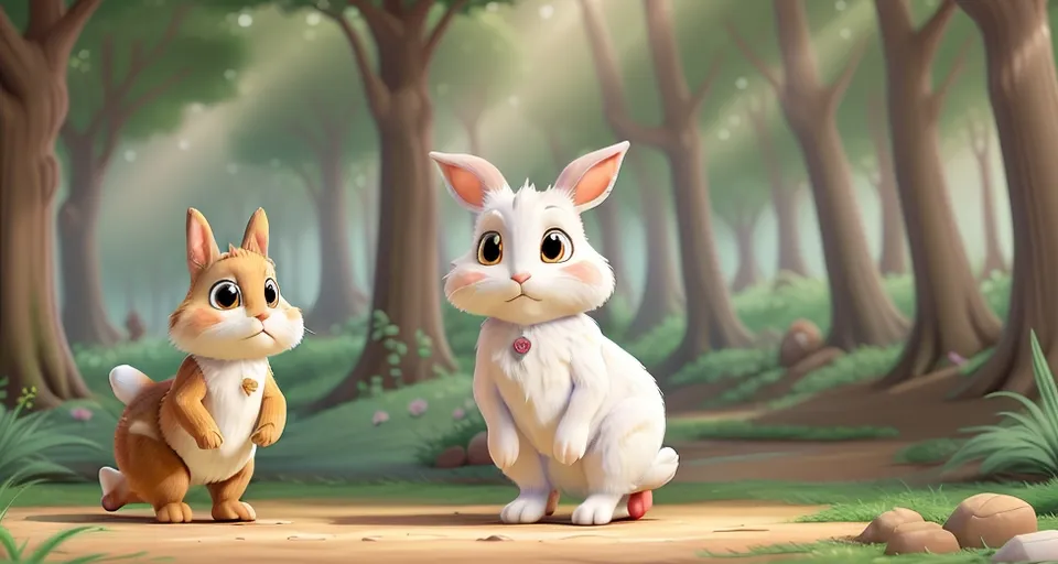 a rabbit and a cat sitting in a forest