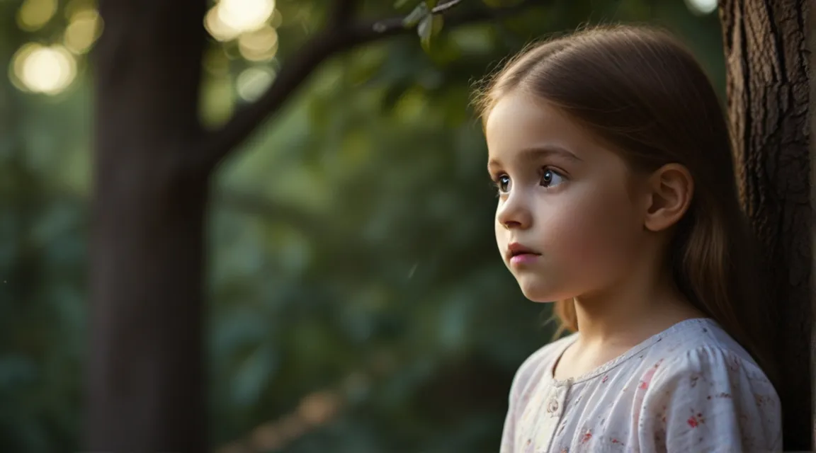 a little girl standing next to a tree