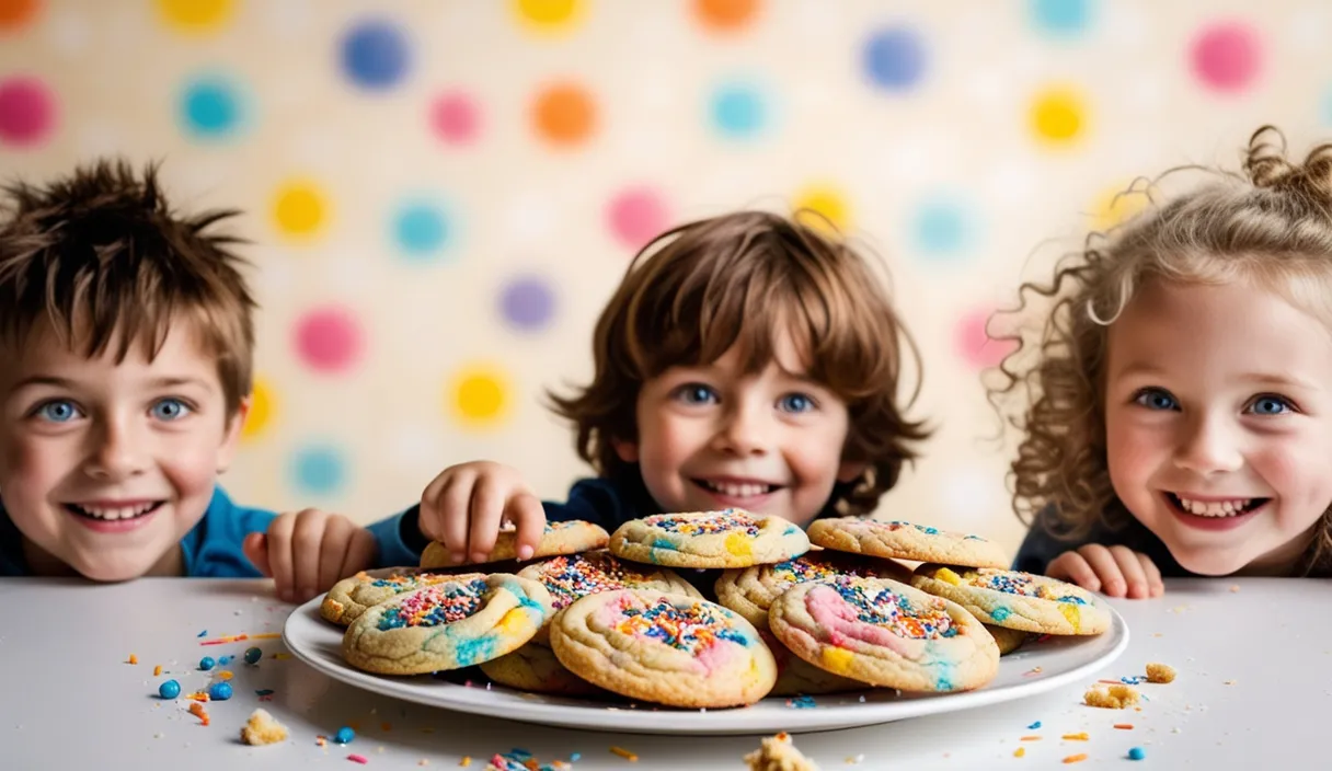 a group of children sitting at a table with a plate of cookies