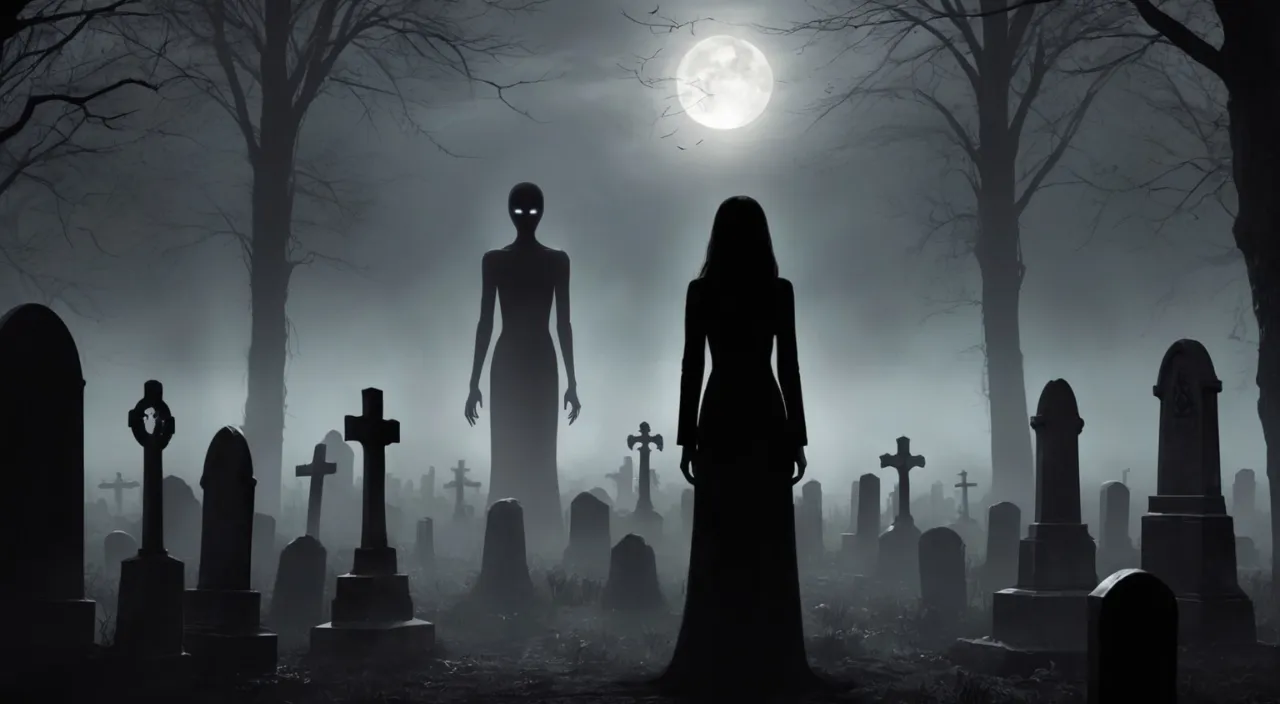 a woman standing in front of a cemetery at night