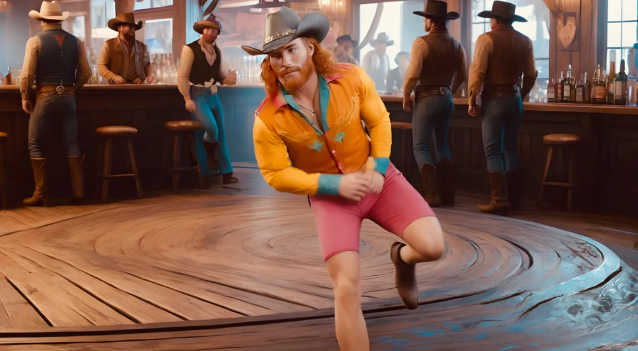 A long haired ginger guy in a pride inspired colorful cowboy costume dancing on the dancefloor while the other cowboys watch him from across the bar , high quality, cinematic, 8k octane render,