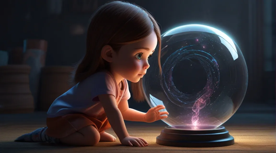 a little girl looking at a crystal ball