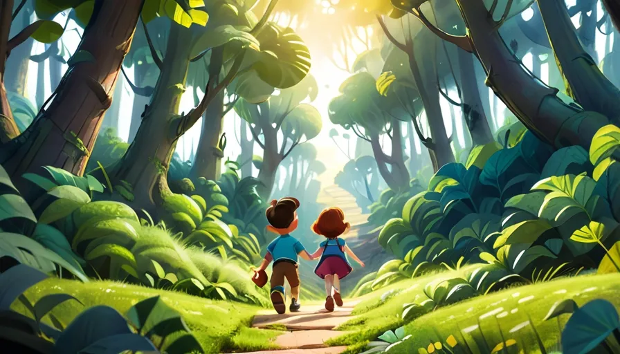 a couple of kids walking through a forest