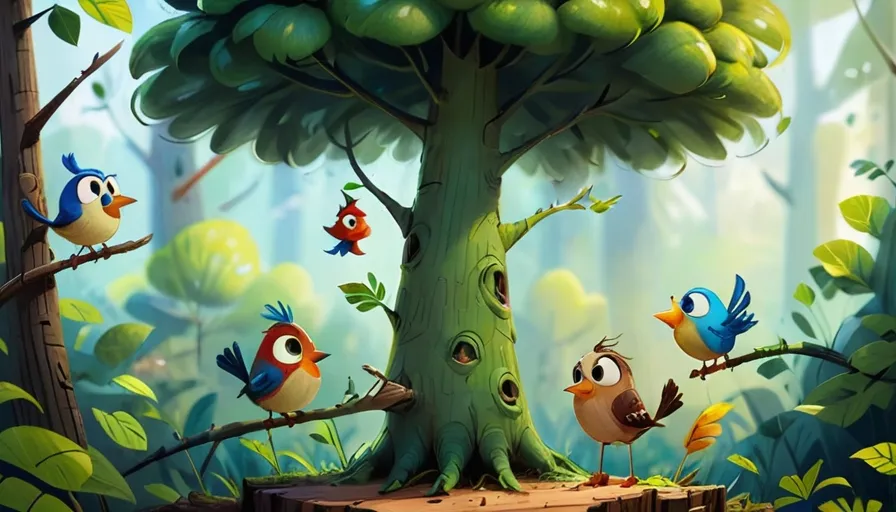 a group of birds sitting on top of a tree in a forest