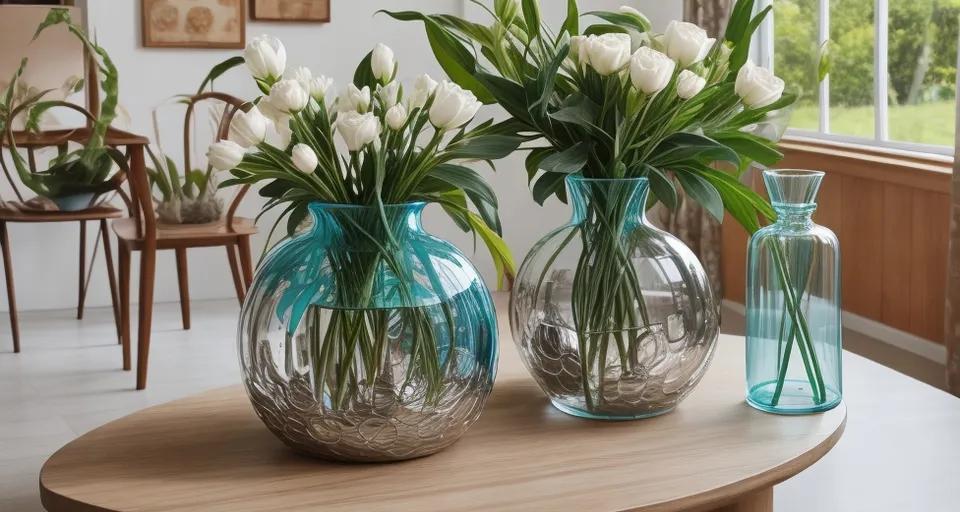 three vases filled with white flowers on a table, looking very beautiful. 