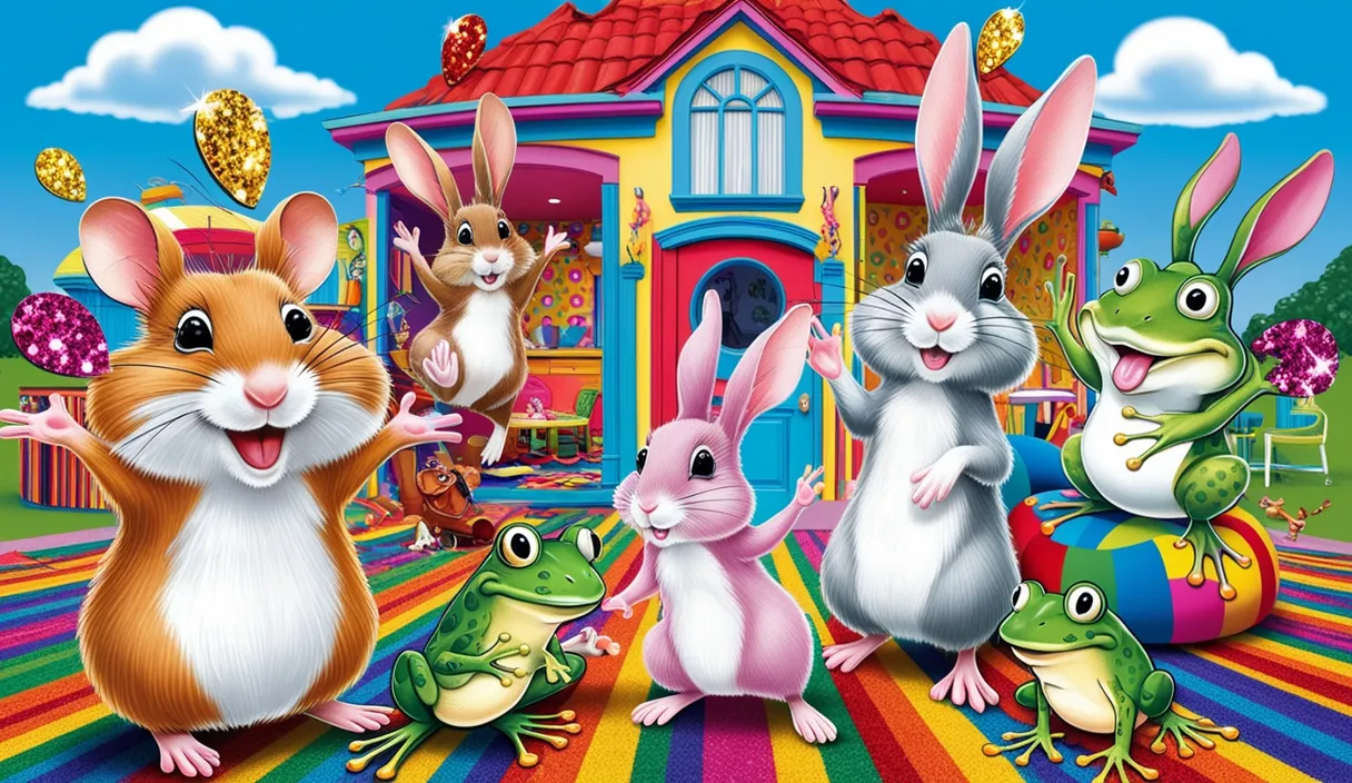 a group of rabbits standing in front of a house