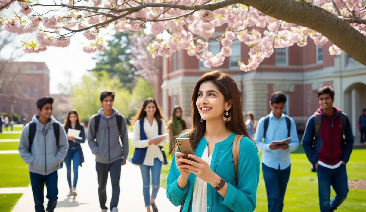 Campus Serenade: On a university campus, a Pakistani girl walking under a blossoming tree, a Bollywood song softly playing from her phone. The 4K wide shot captures students walking by and studying, but her smile and dreamy gaze reveal she is thinking about her boyfriend, who is attending a university in the United States, lost in her own romantic world.