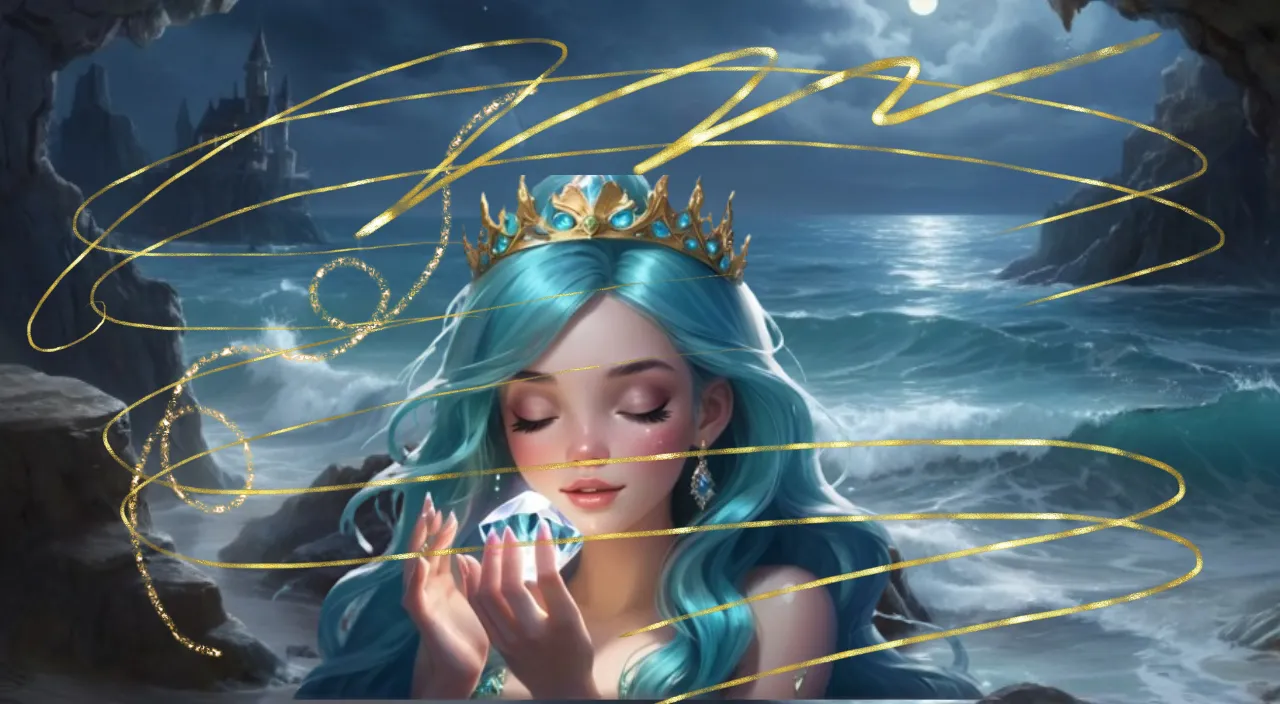 a woman with blue hair and a crown on her head and hold a diamond in her hand and golden glittery magic around her