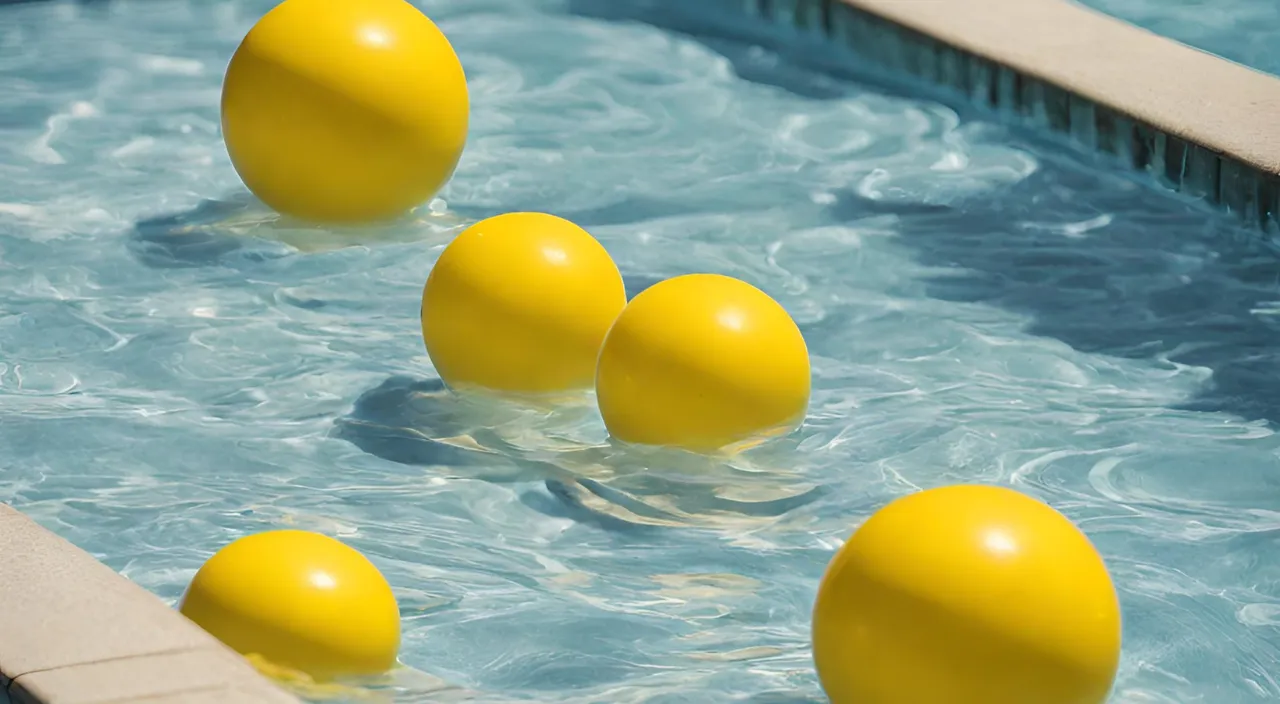 a group of yellow balls floating in a pool of water