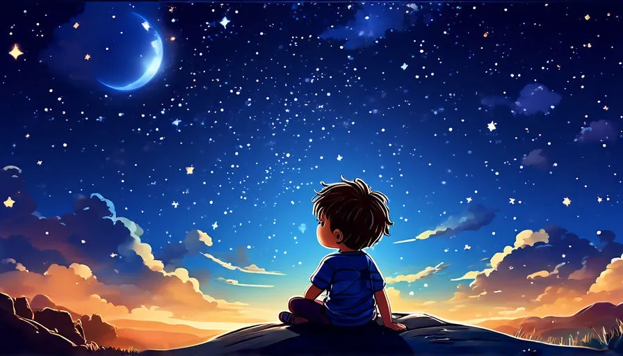 a boy sitting on a hill watching the stars