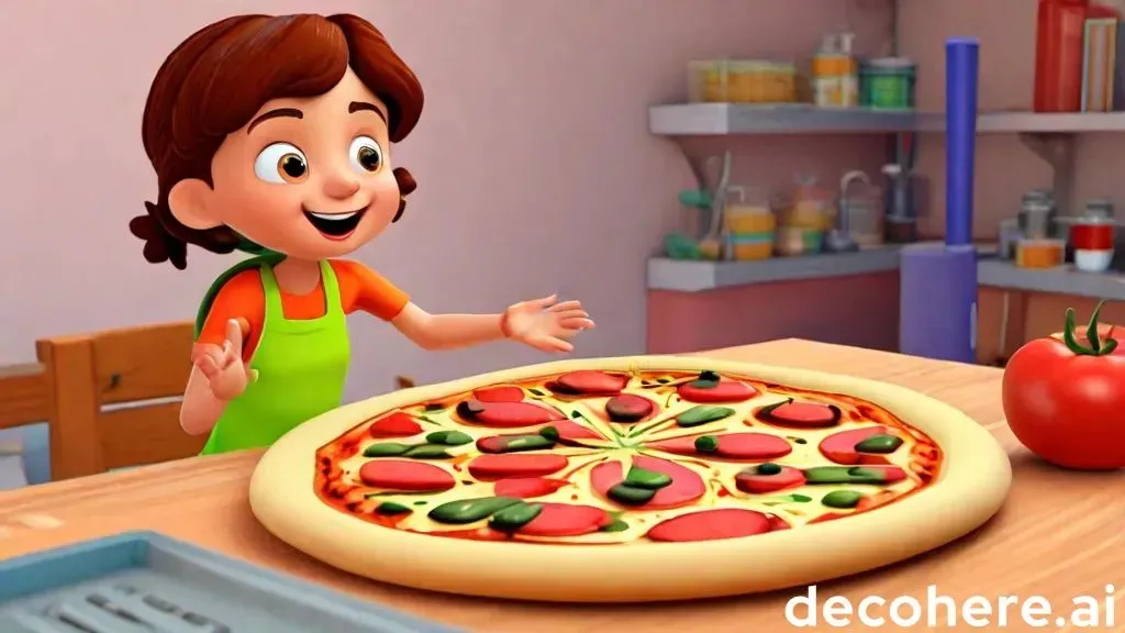 a young girl standing in front of a pizza