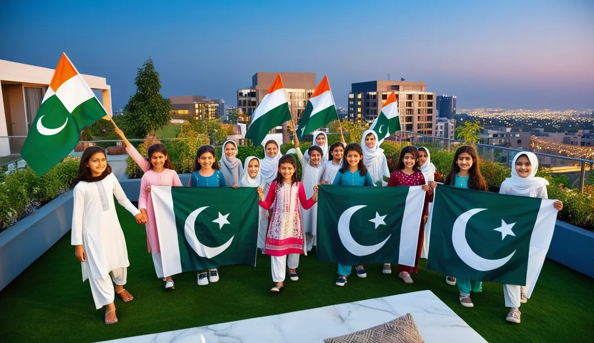 a group of children holding flags on top of a roof