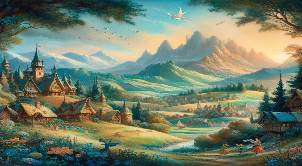 a painting of a fairy land with a bird flying over it