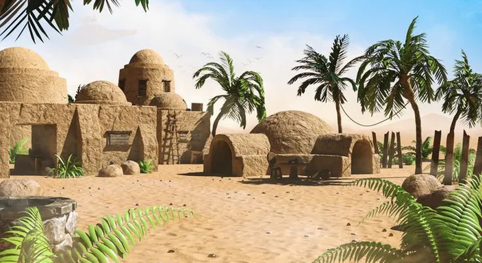 a computer generated image of a desert village