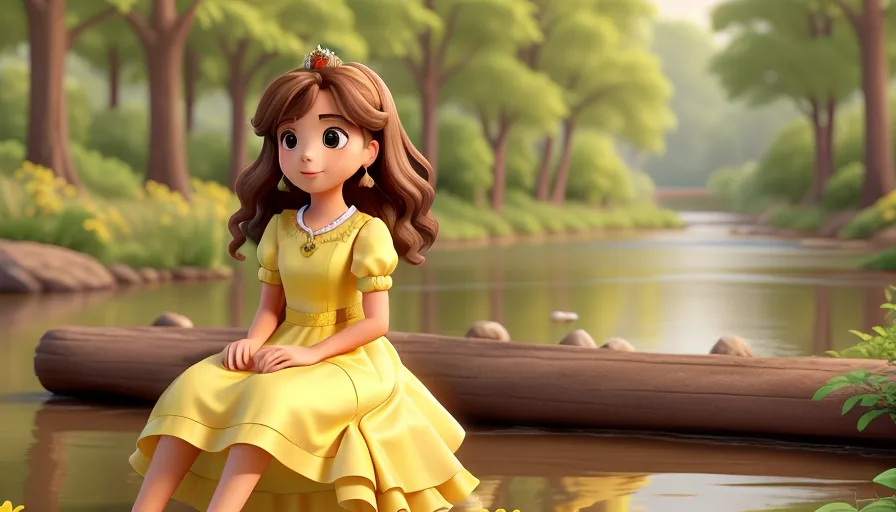 a girl in a yellow dress sitting on a log, playing with the water