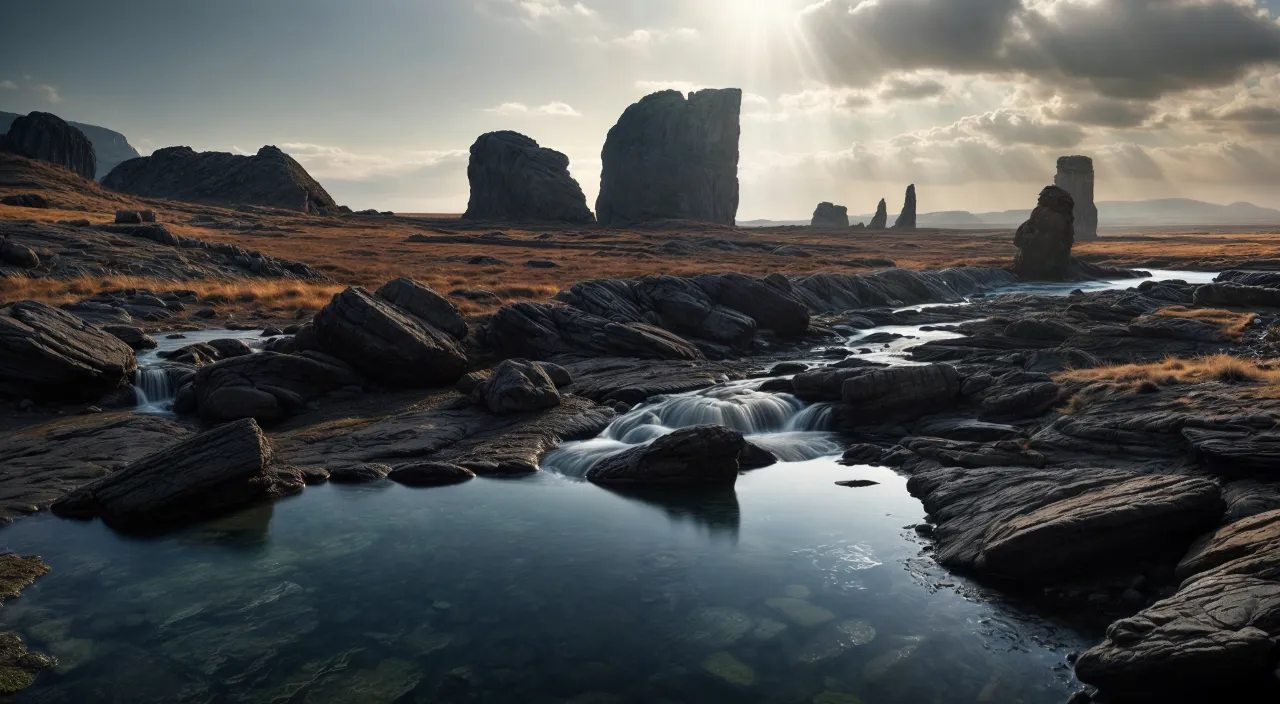 the sun shines through the clouds over a rocky landscape