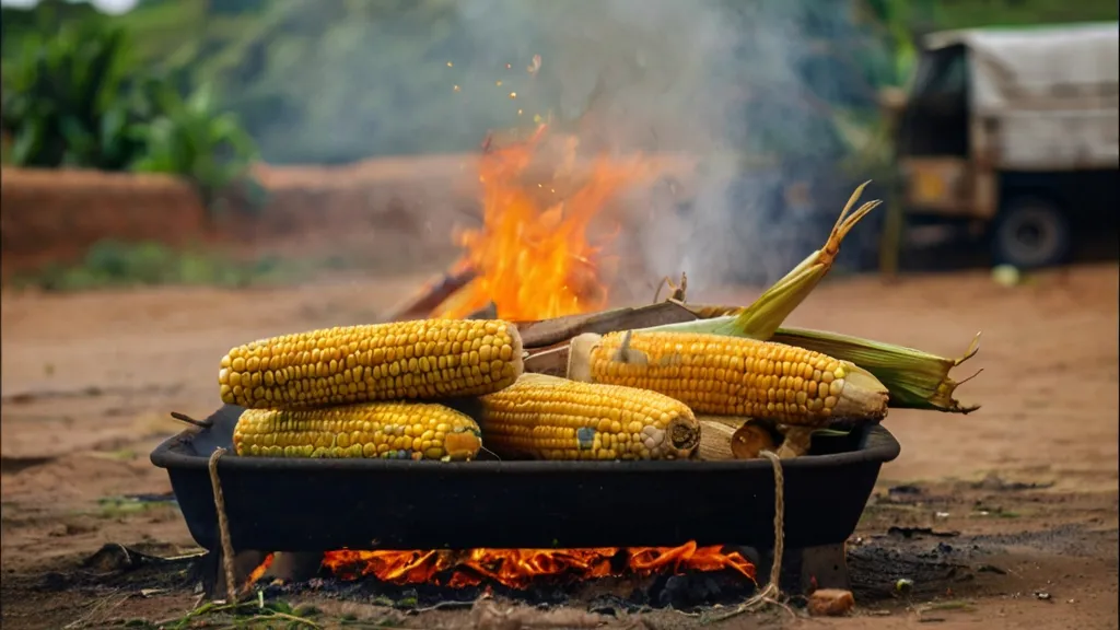 corn on the cob being cooked over an open fire, 3d animation