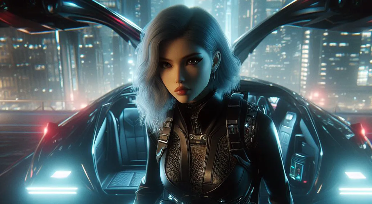 a woman in a futuristic suit standing in front of a futuristic city