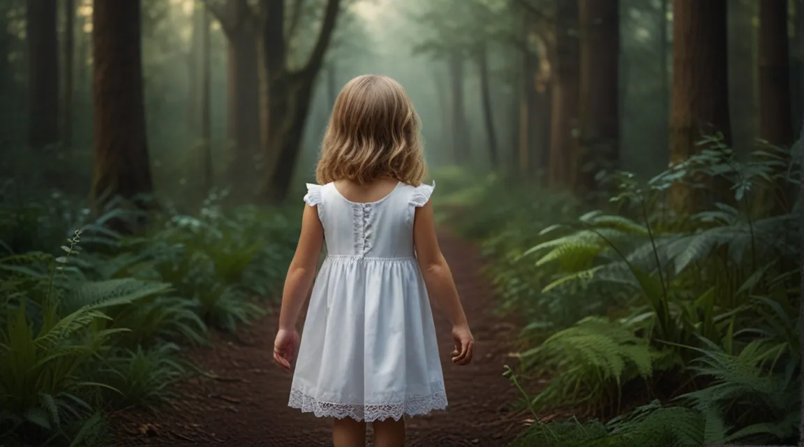 a little girl in a white dress walking through a forest