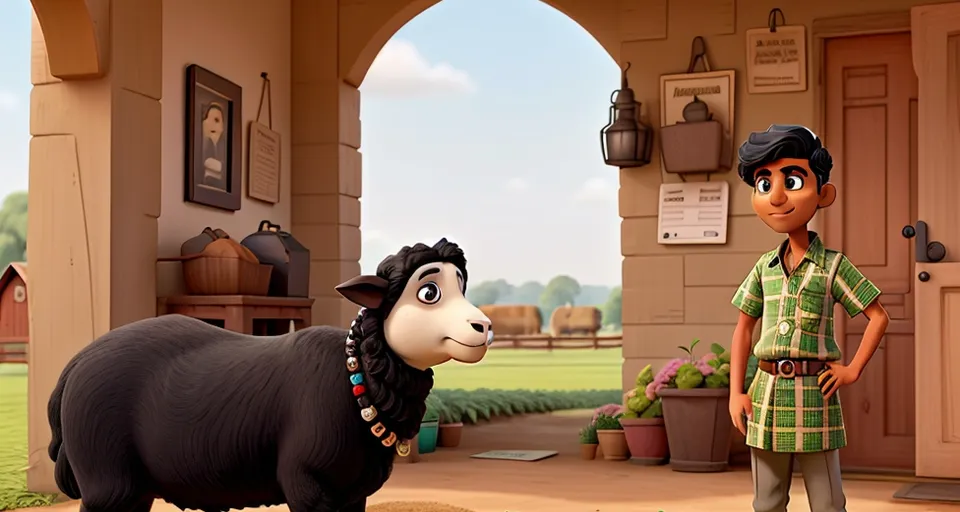 a boy standing next to a black and white sheep