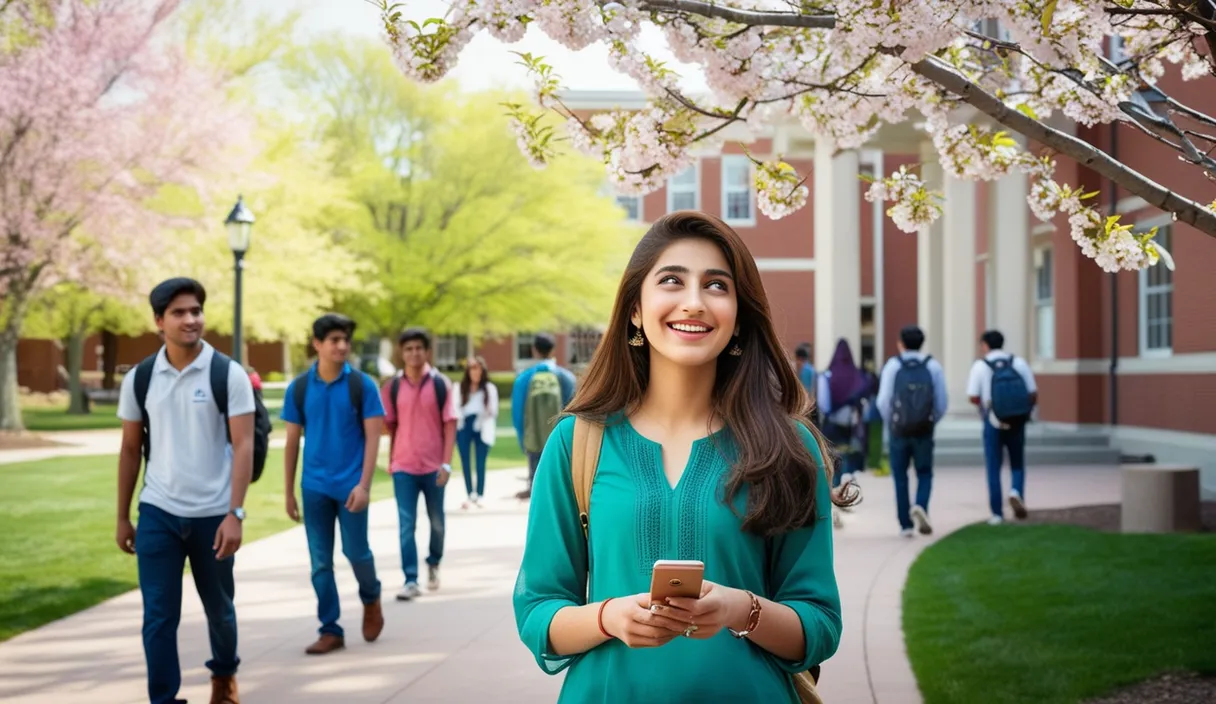 Campus Serenade: On a university campus, a Pakistani girl walking under a blossoming tree, a Bollywood song softly playing from her phone. The 4K wide shot captures students walking by and studying, but her smile and dreamy gaze reveal she is thinking about her boyfriend, who is attending a university in the United States, lost in her own romantic world.