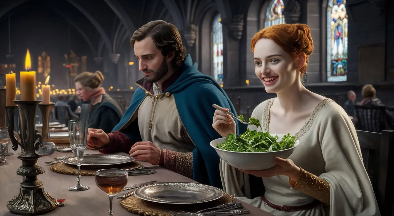 a man and woman sitting at a table with a bowl of salad