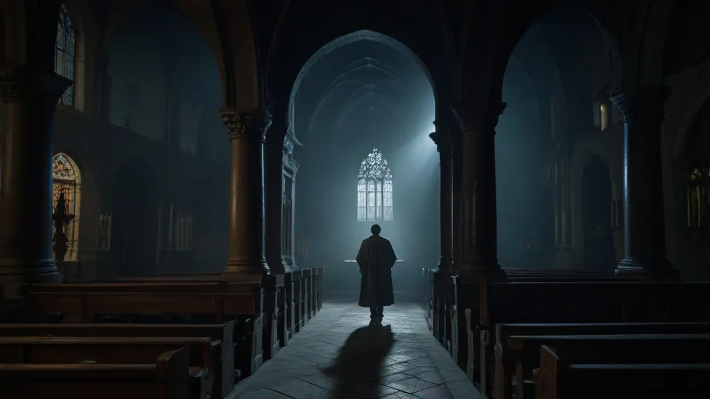 a man standing in a church alone at night