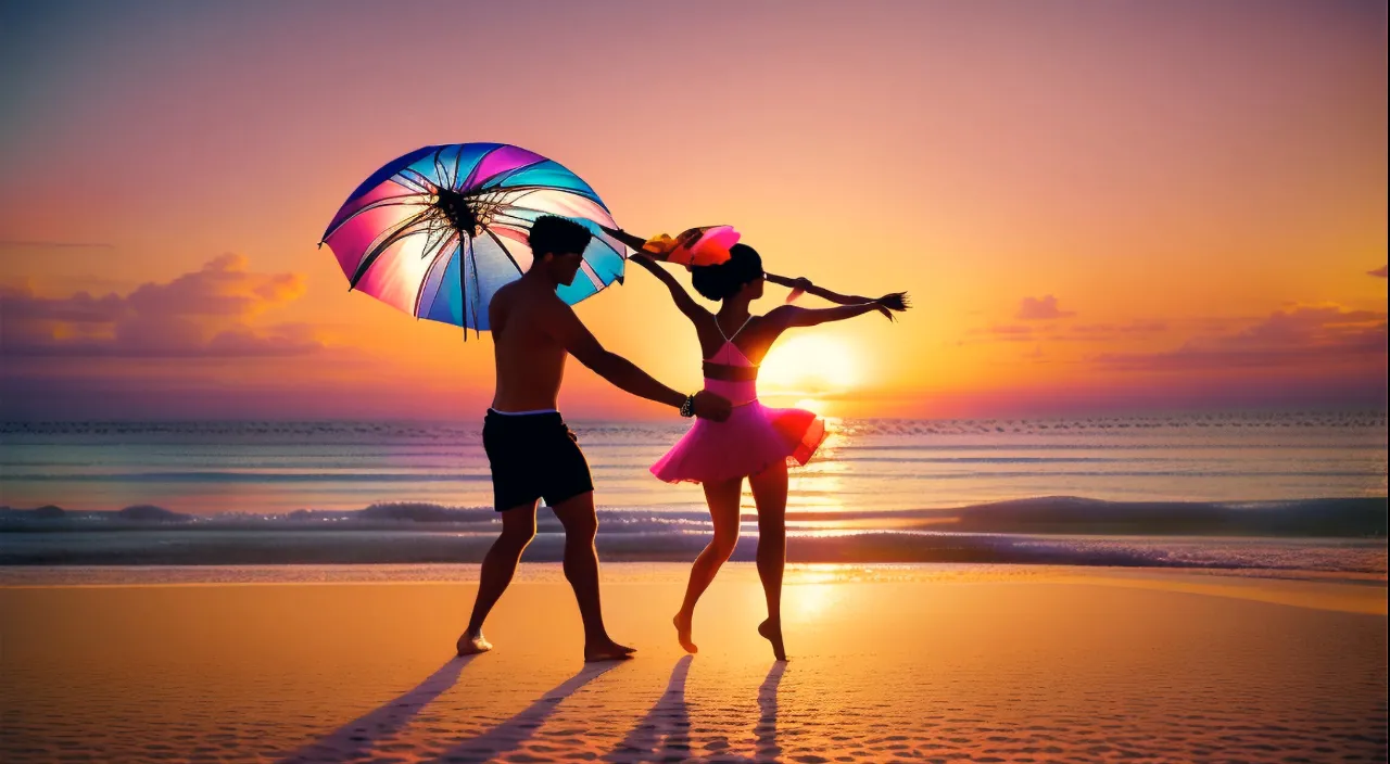 a man and a woman holding an umbrella doing cartwheels on a beach