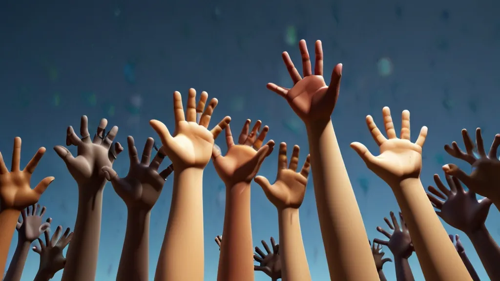 a group of hands reaching up into the sky