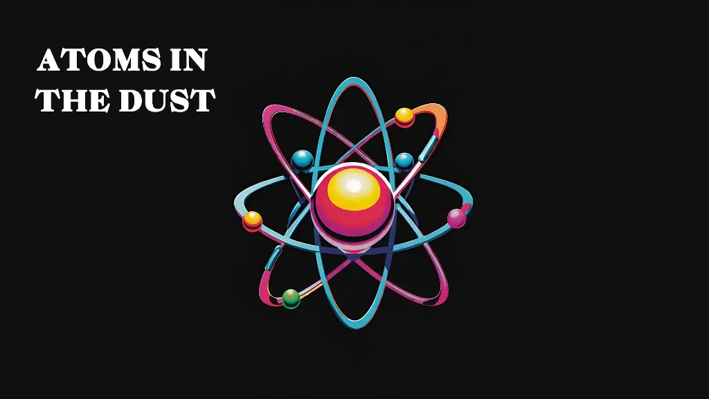 a colorful drawing of a swirling atom and the exact unchanging words ATOMS IN THE DUST