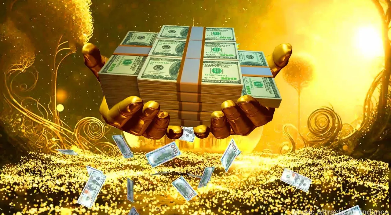 create a falling Money with golden background, 8k , size of 1920x1080, colorful
