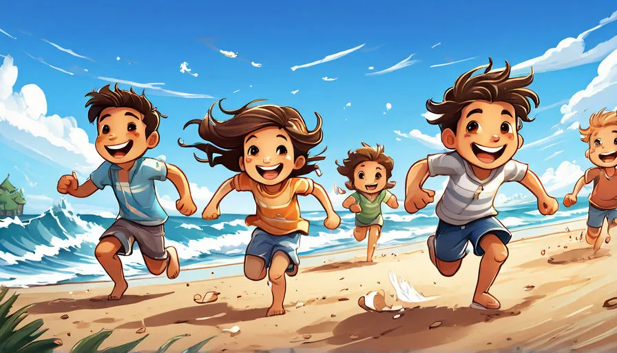 a group of children running on a beach