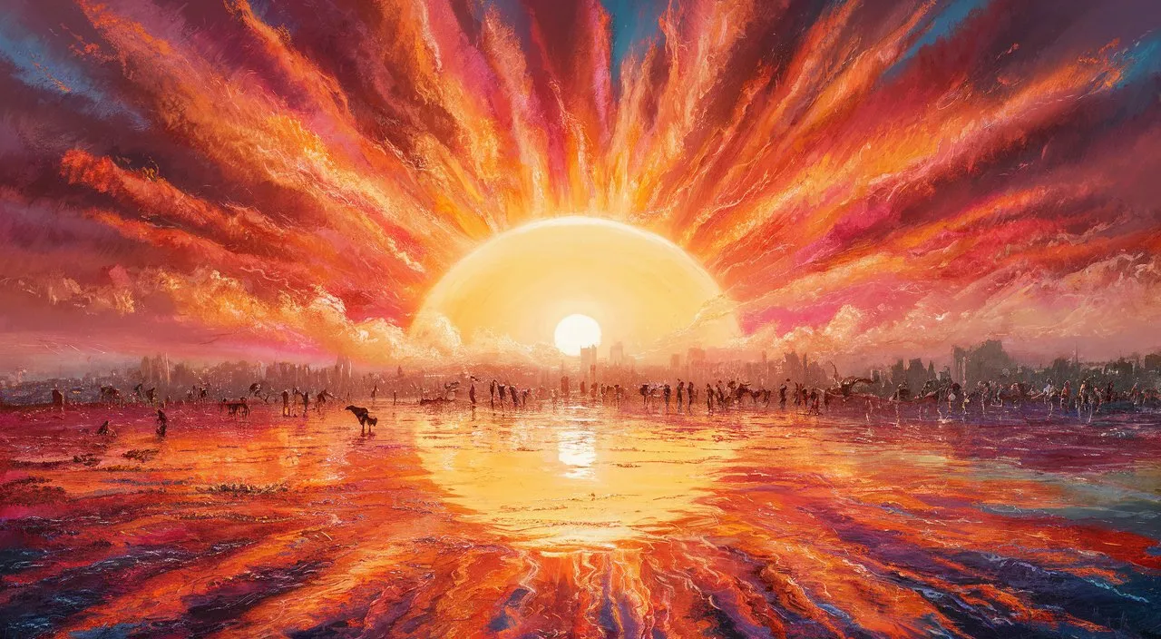 a painting of a sunset over a body of water