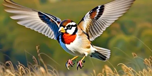 a colorful bird flying through a field of tall grass