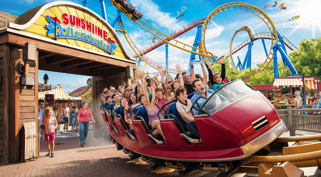 Transition to a colorful amusement park entrance with a sign reading "Sunshine Rollercoaster."