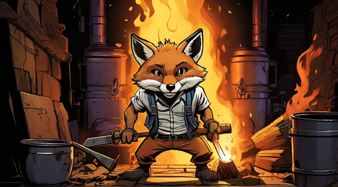 a cartoon of a fox with a fire in the background