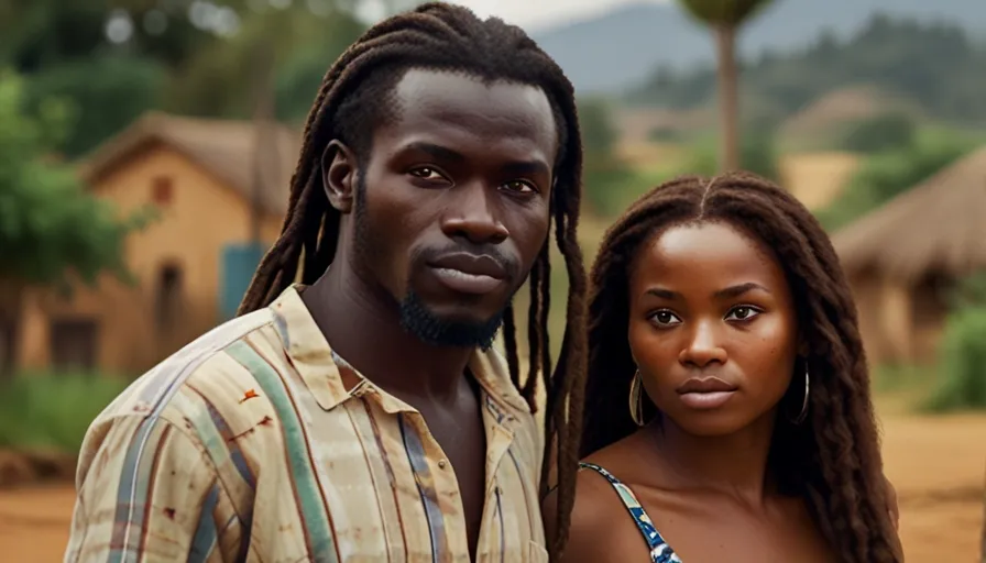 a man and a woman standing in front of a village